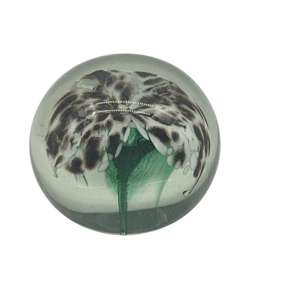 Hand Blown Glass Paperweight by The Glass Eye 1985 Etched Signed Floral Interior - Picture 1 of 16